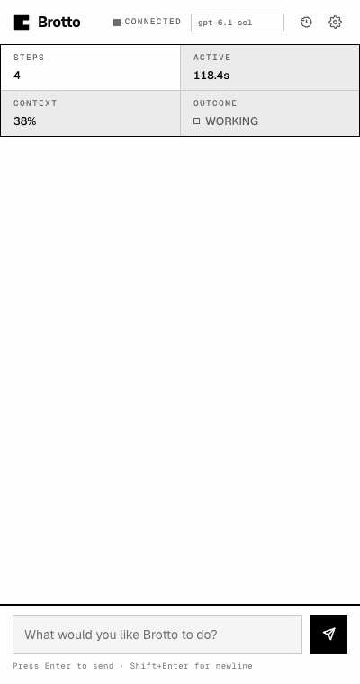 Brotto's panel stopping on an approval card for a domain it has not visited in this task, with Deny and Approve buttons