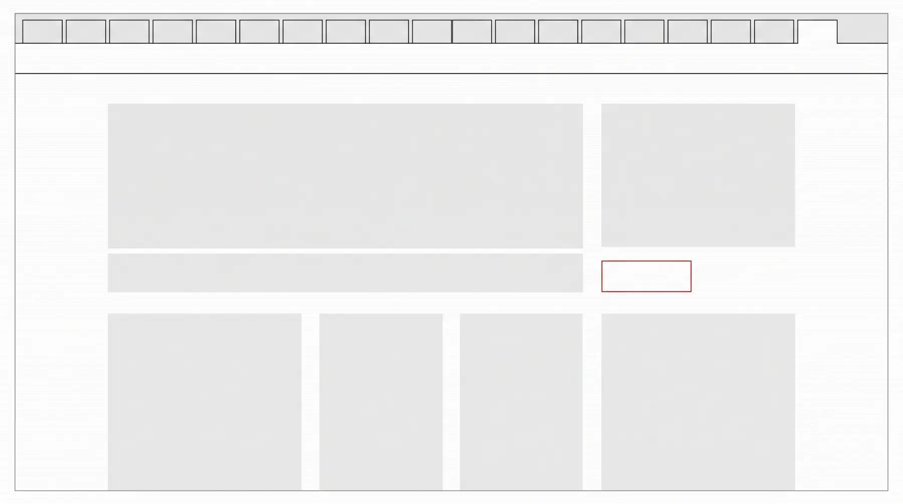 A wireframe of a browser window with twenty unlabelled tabs across the top, grey placeholder blocks for page content below, and one small button outlined in red