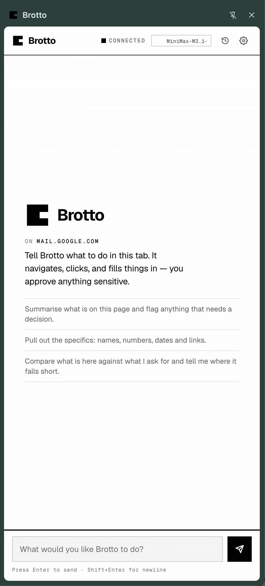 The Brotto panel idle, offering what the open page could be asked to do