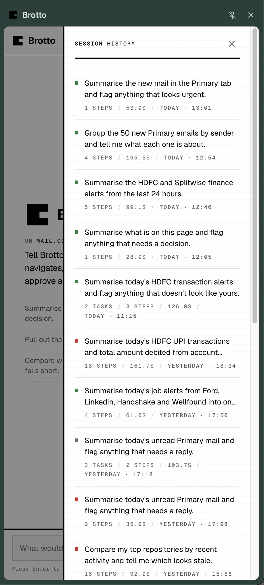 The session history list
