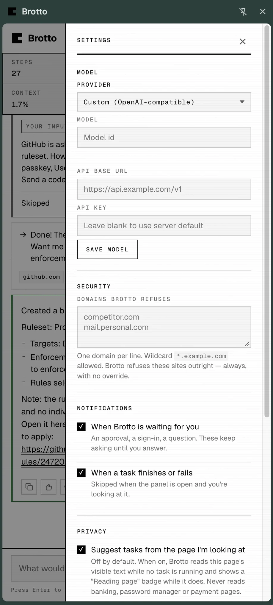 Brotto settings: connection, secret key, blocked sites and model provider
