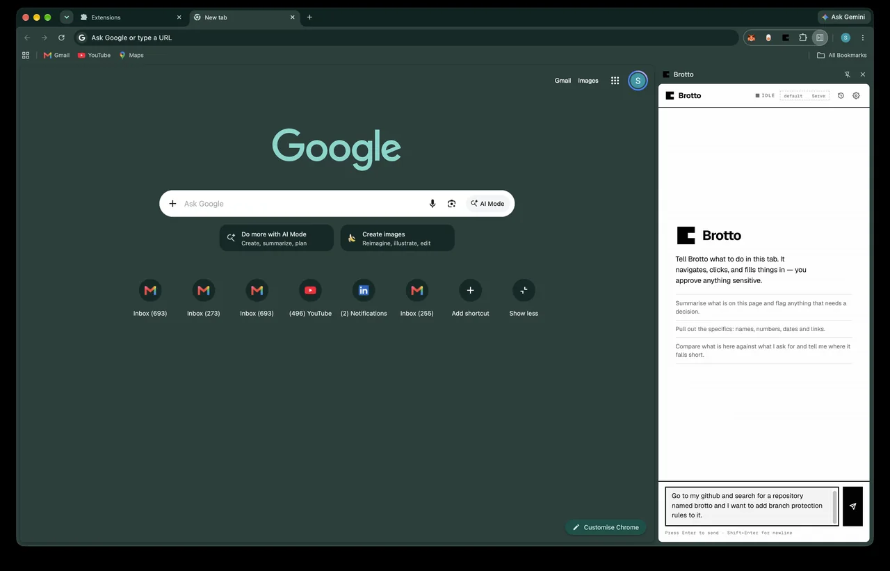 Brotto's panel with the task typed out: go to GitHub, find the Brotto repository, add a branch protection ruleset to main, and open a pull request for it