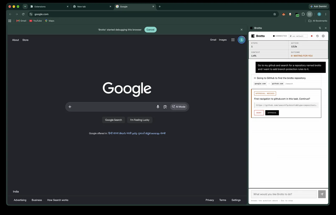 Brotto's panel showing a first-navigation approval card for github.com, with Allow and Deny buttons