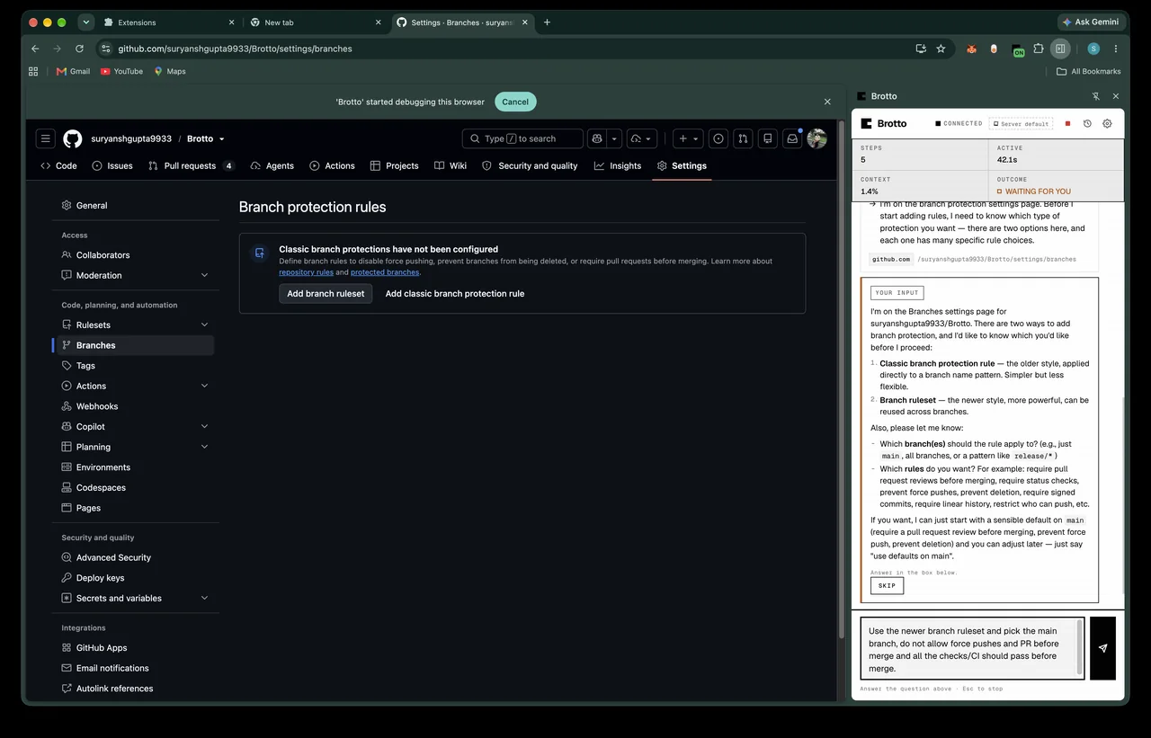 Brotto's panel stopping to clarify that the repository has two ways to add branch protection, with Skip and Say options